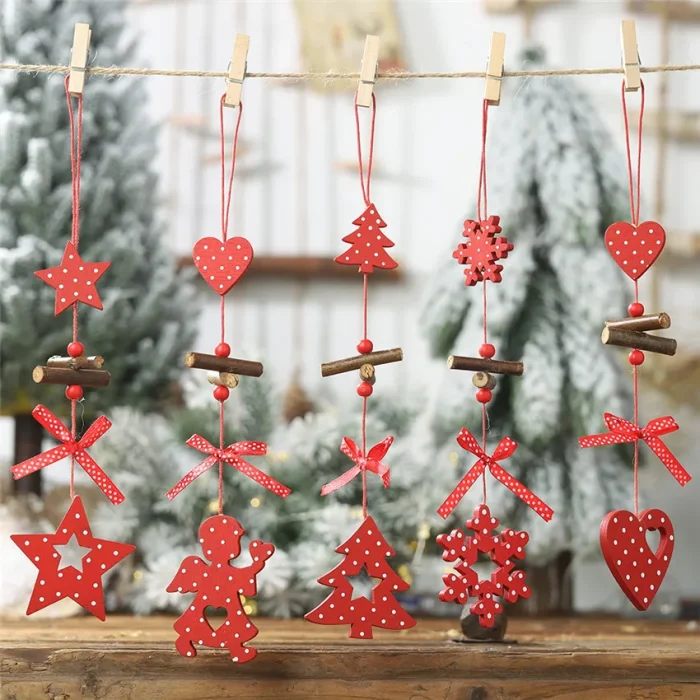 DIY Red Christmas Snowflakes&Star&Tree Wooden Pendants Ornaments Home Christmas Party Xmas Tree Kids Gifts Decorations - Image 1